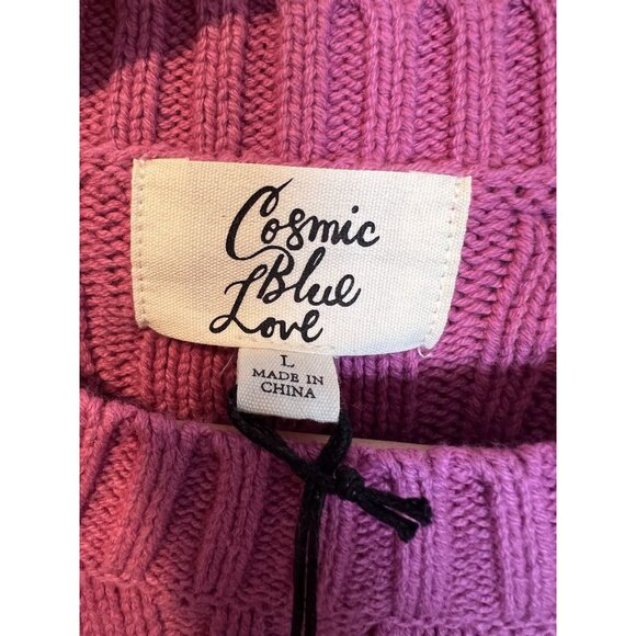 Cosmic Blue Love Sweater Pink Rose Cable Knit Sweater Large Crew Neck Preppy NWT - Picture 4 of 8